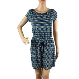 Leota Printed Tie Waist Mini Dress S Blue Green Geometric Short Sleeve Stretch